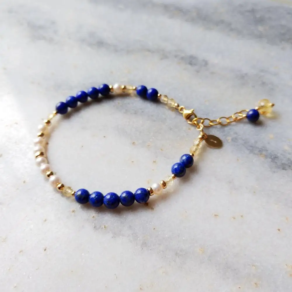 

LiiJi Unique Real Lapis Lazuli Citrine Pearl Bracelet American Gold filled Gold Color Adjustable Bracelet For Women Men Gift