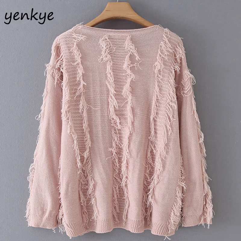 2019 Women Lazy-Style Sequin Knitted Sweater Female Round Neck Long Sleeve Tassel Pullover Autumn Plus Size jumper | Женская одежда