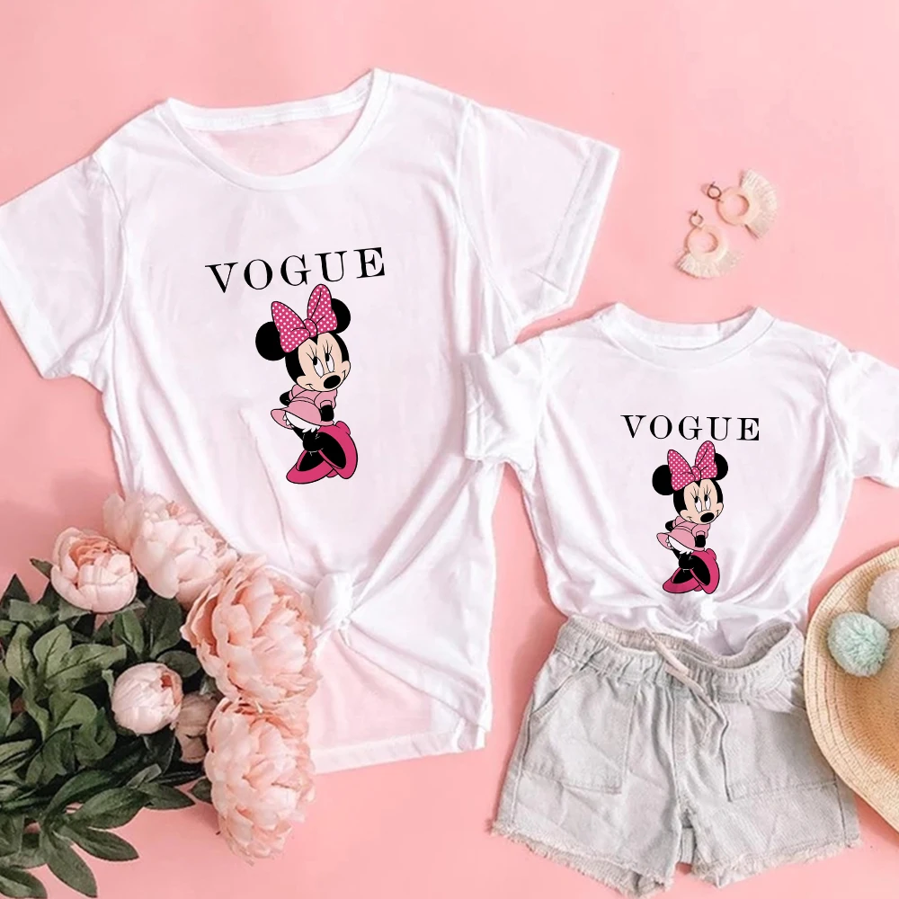

Fashion Cool VOGUE Minnie Mouse Print Children T-shirt White Women Tshirts Summer Casual Harajuku Girl Kids T Shirt Famliy Look