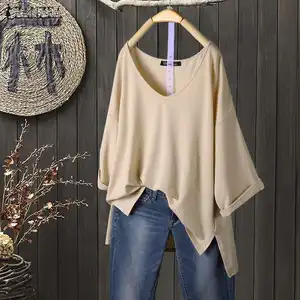 Блузка ZANZEA Женская однотонная с V-образным вырезом, элегантный повседневный топ с рукавом 2021, рубашка с разрезом, туника, лето-осень 34