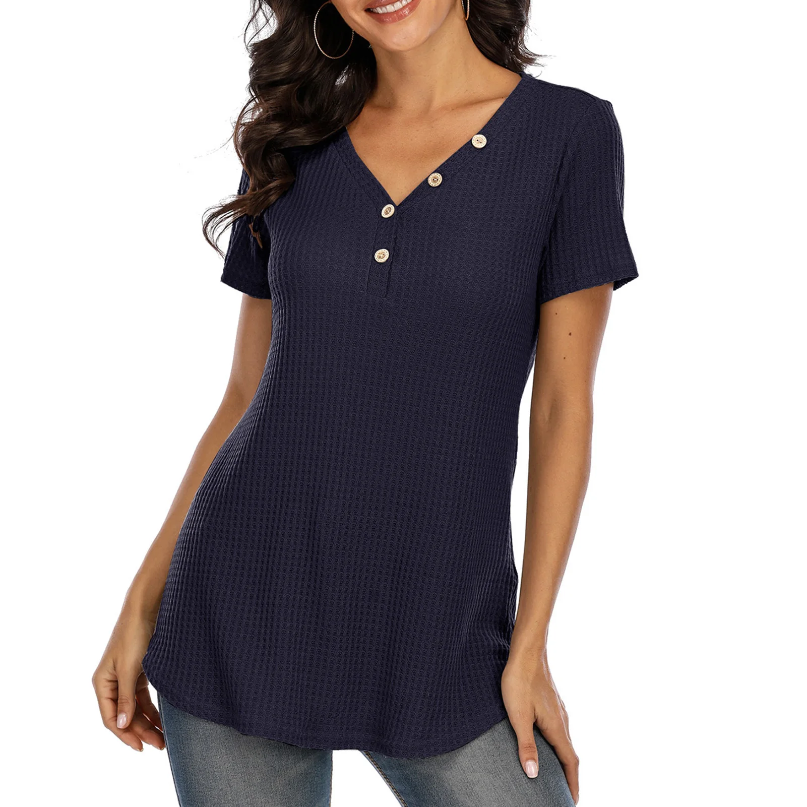 

Женская футболка с вафельным принтом, Повседневная Однотонная футболка с V-образным вырезом, лето 2021