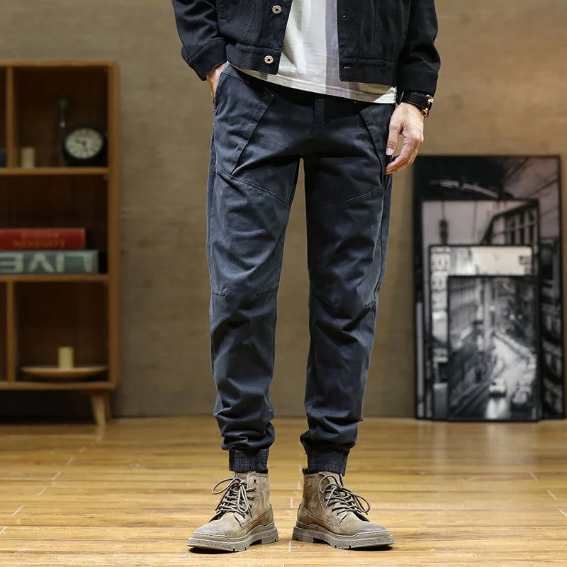 

Autumn versatile amekaji cotton metal button willow nail men's work clothes elastic slim fit pants