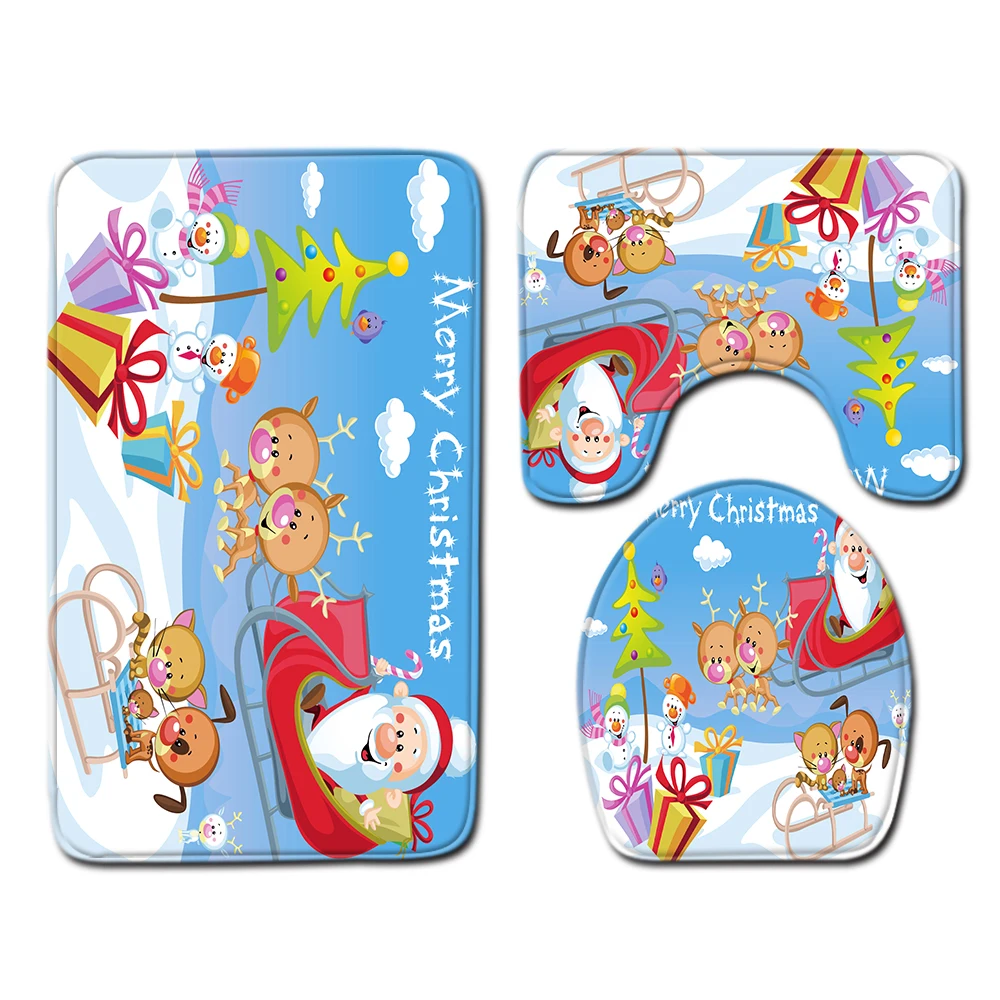 

Christmas Decor 3 Pcs Bathroom Mat Set Washable For U-Shaped Toilet Mat Lid Cover Bath Rug Non-slip Floor Pads Kids Cotoon Gift