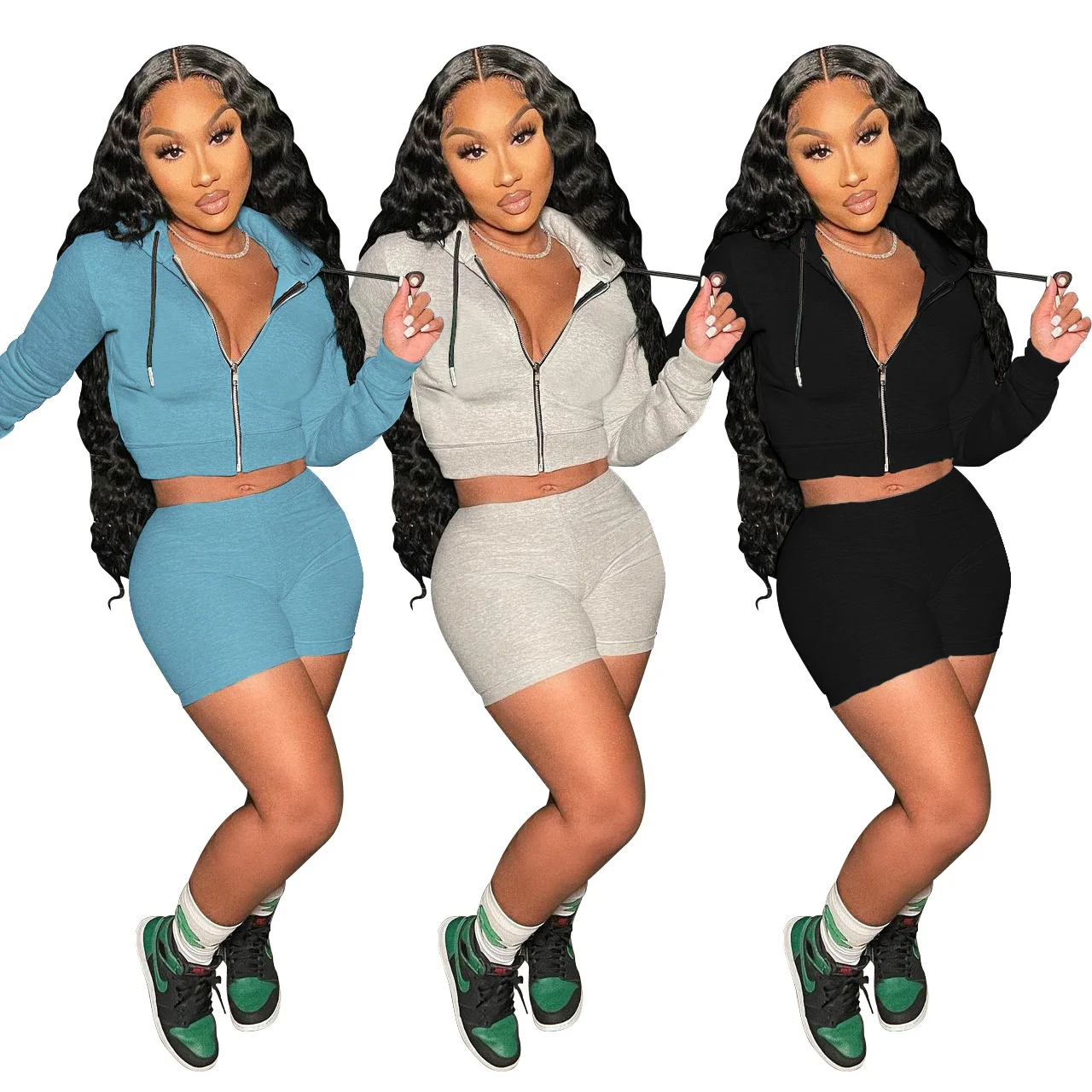 

Women Casual Solid Fitness Sportswear Zipper Long Sleeve Hooded Crop Top + Biker Shorts 2021 Autumn Two Piece Set Outfits