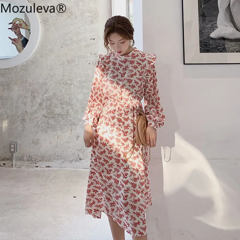 Женское шифоновое платье с оборками Mozuleva элегантное миди длинным рукавом и