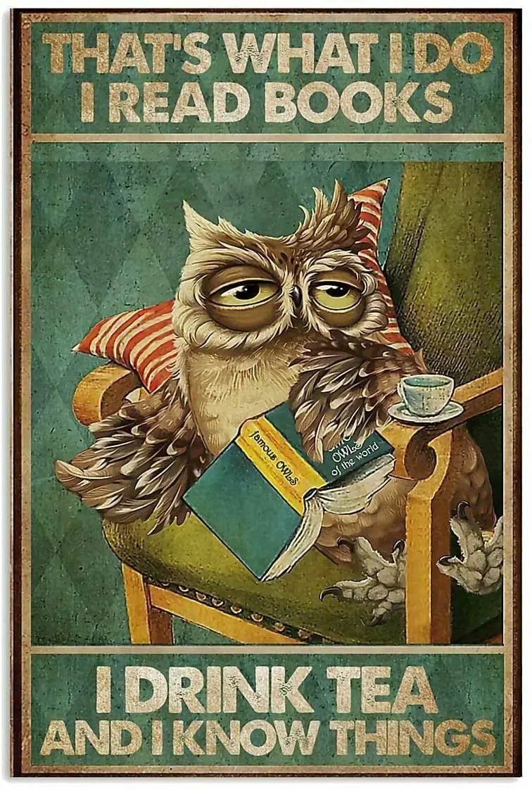 

Funny Tin Sign, Owl Poster Reading Book, Library Art Wall Metal Decoration 8 Inch X 12 Inch.