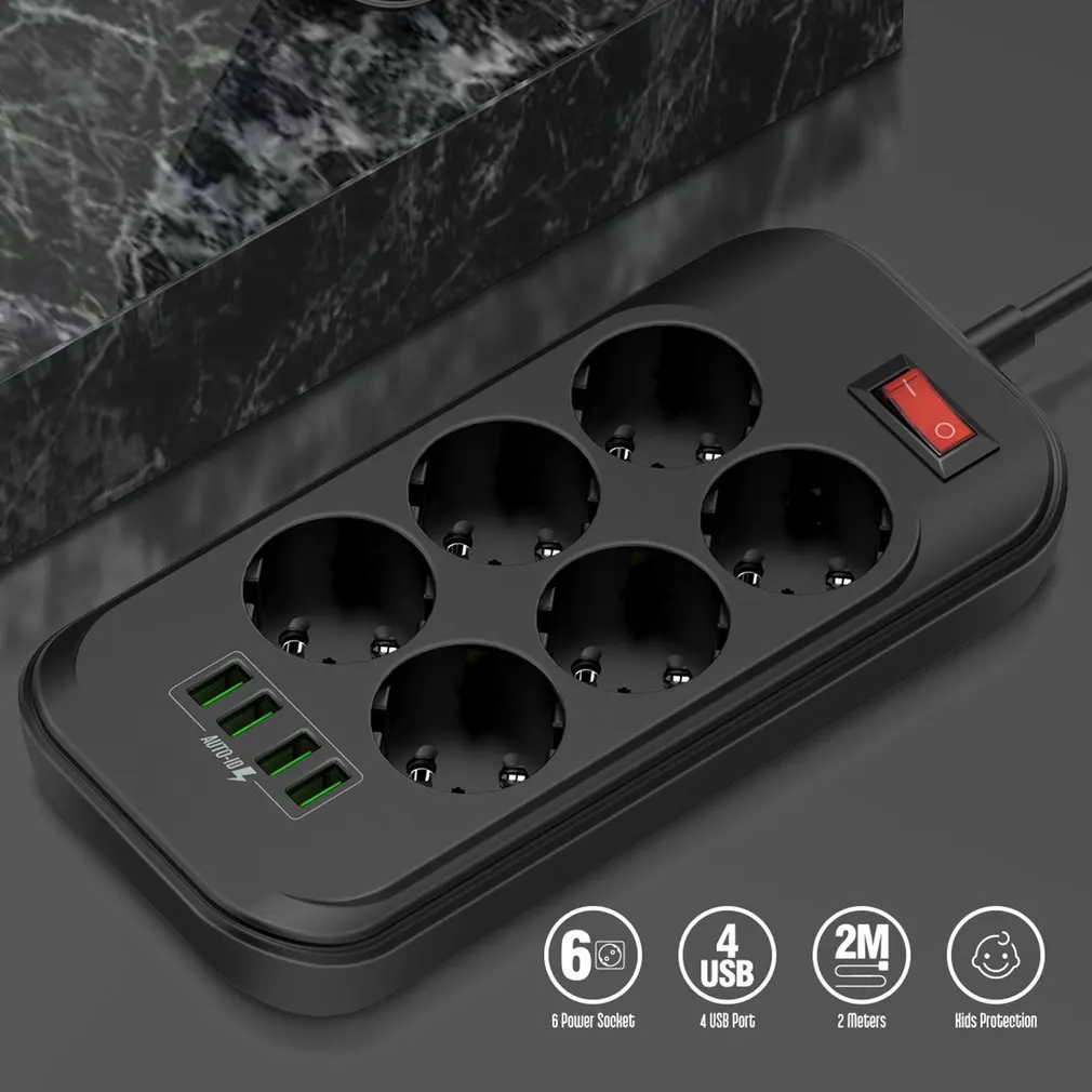 

4 USB Phone Charger Multiple Power Sockets 6 EU Outlet Power Strip Charger For Home/Restaurant Charging Mobile Phone