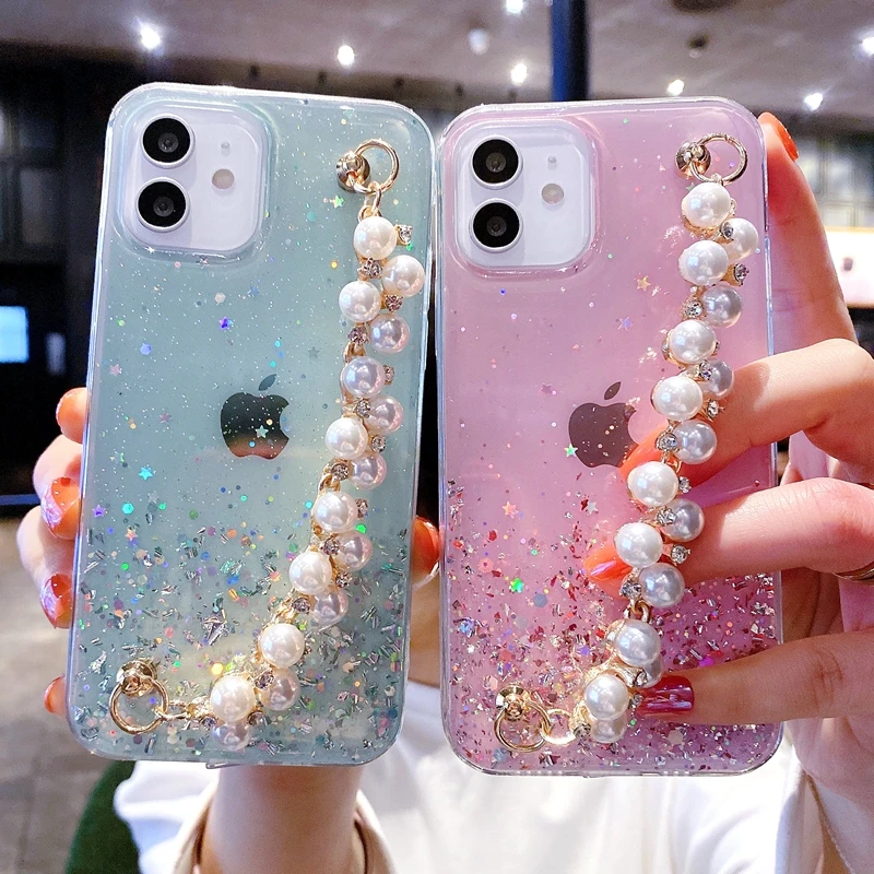 

Soft Pearl Bracelet Phone Case for IPhone 11 12 Pro Max XS X XR 7 8 6 6s Plus Mini SE 2020 Glitter Shockproof Cases Cover Fundas