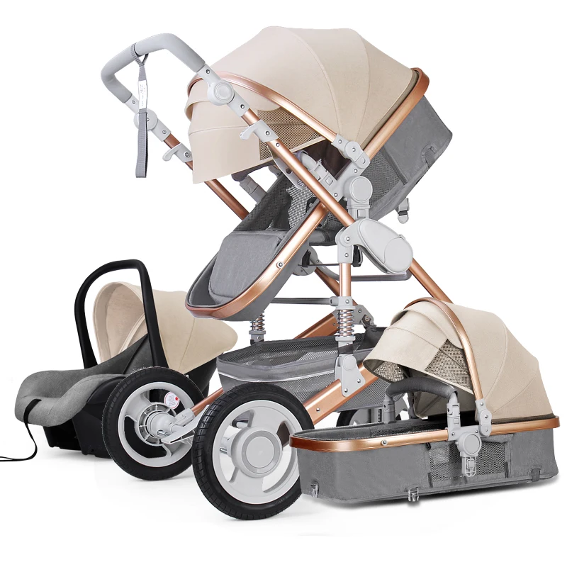 

2021 Luxury Baby Stroller 3 in 1 Infant Stroller Set Portable Reversible High Landscape Baby Carriage Trolley Travel Pram 7Gifts