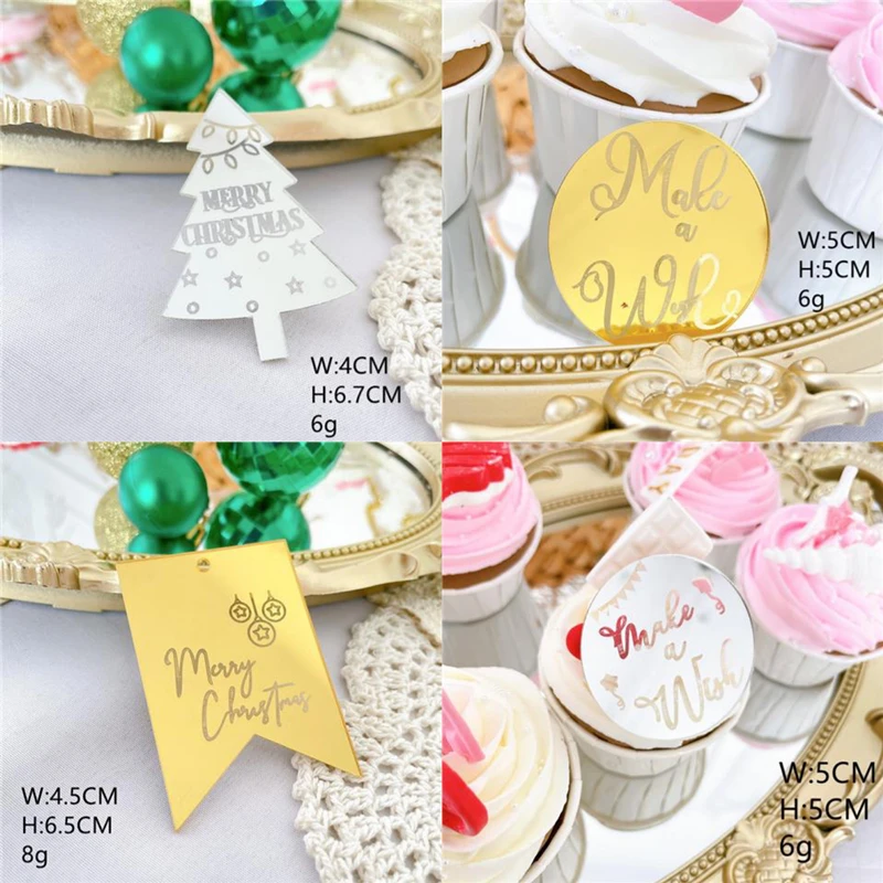 

New Merry Christmas Acrylic Birthday Gold Cupcake Topper Let It Snow Christmas tree for Christmas Party Baked Cake Decorations