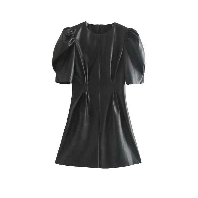 

BlacShort Dress Autumn Mini Patchwork Femme Robe O-neck Puff Short Sleeve k Korean Vintage Leather Dress Women Fashion 2020