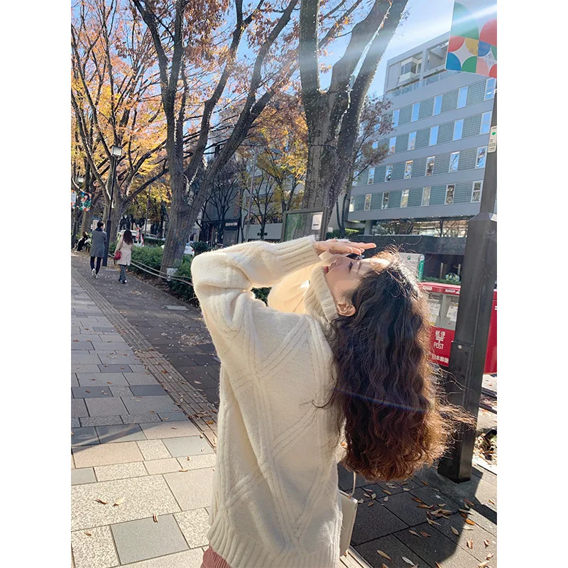 

Turtle Neck Sweater Women 2020 New Elegant Solid Argyle Cashmere Sweater Oversized Thick Warm Female Pullovers Tops