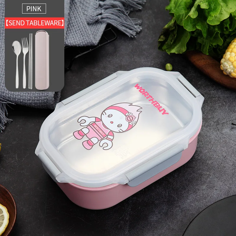 WORTHBUY милый мультяшный детский контейнер Bento из нержавеющей стали 304, контейнер для еды, японская микроволновая печь, Ланч-бокс, герметичная коробка для еды - Цвет: D With Tableware