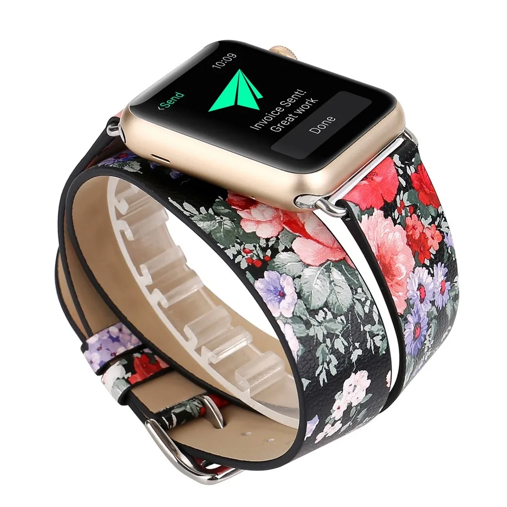 

Ремешок из натуральной кожи с цветочным принтом для Apple Watch, ремешок 40-41-44 мм/38-42 мм, iWatch 7 6 5 4/3, ремешок для часов