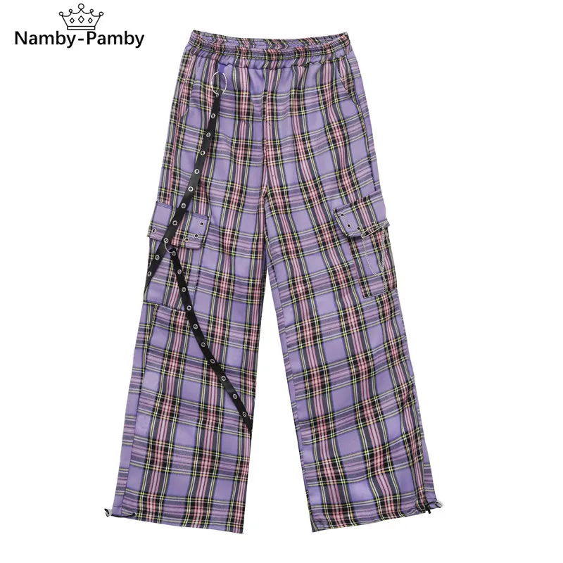 

Mall Goth Y2K Cargo Pants Women Hippie Purple Plaid Harajuku Streetwear Chain Checked Trousers Famale High Waist Aesthetic