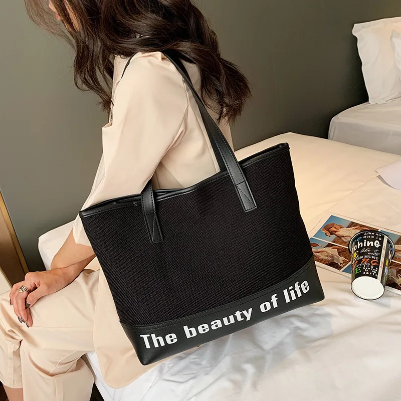 

PU With Canvas Handbags Big Women Bag High Quality Casual Female Bags Trunk Tote Brand Shoulder Bag Ladies Large Bolsos