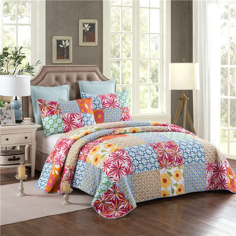 3Pcs Bedding Set Quilts with Pillowcase 230CM*250CM King Size Coverlet Cotton Fabric Colorful Patchwork Summer Blanket QT016 | Дом и сад