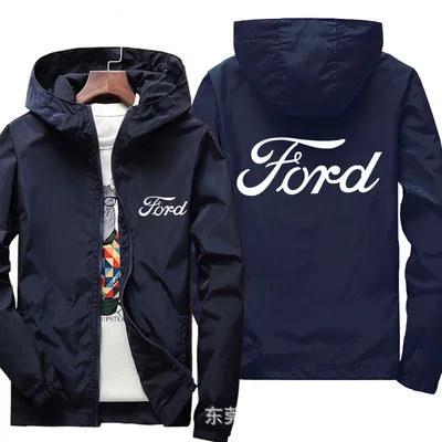 

Spring Autumn Coat Men's Ford Logo Thin Casual Zippered Hooded Jacket Windproof Long Sleeved Top 5 Colors
