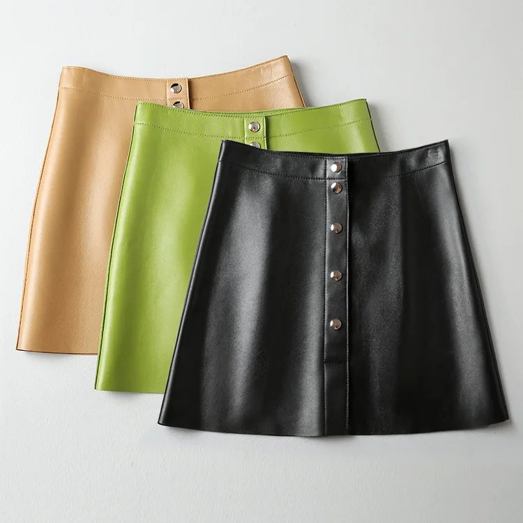 

Spring Autumn 2021 women's high-rise leather skirts high quality genuine leather A-line skirt B801