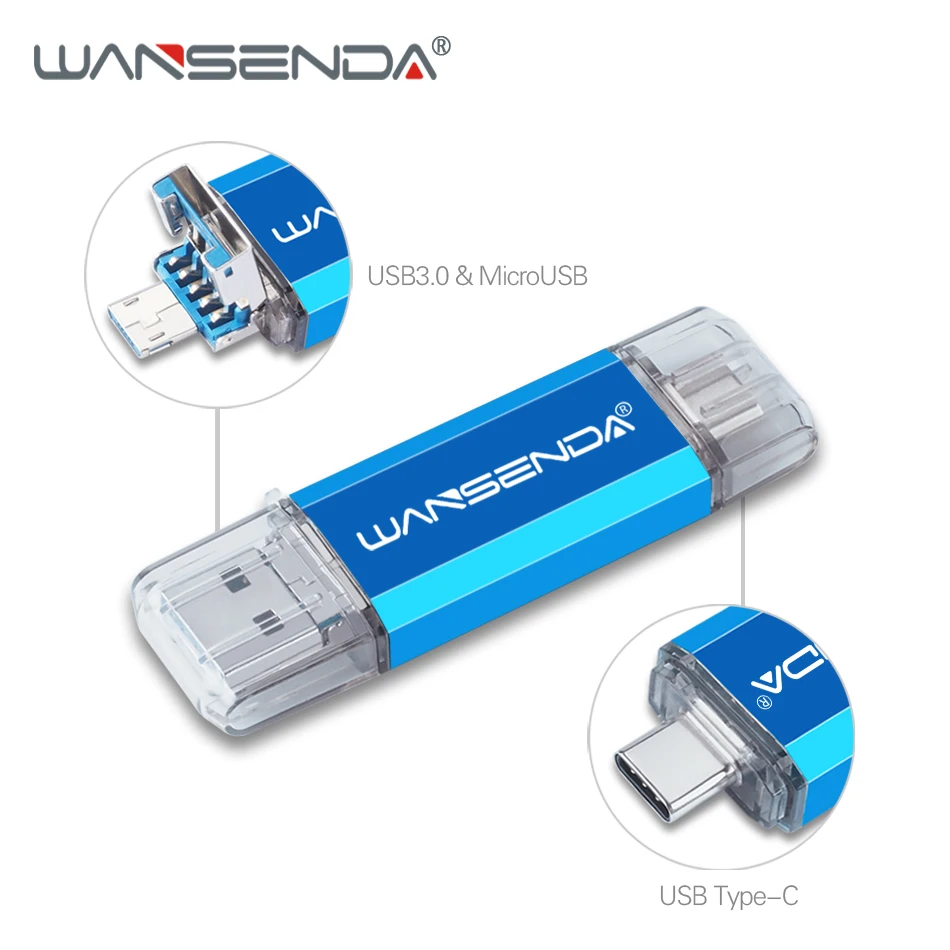 WANSENDA USB флеш-накопитель 3 в 1 USB 3,0& type-C Micro OTG флеш-накопитель 16 ГБ 32 ГБ 64 Гб 128 ГБ 256 ГБ Флешка флеш-карта памяти - Цвет: Синий