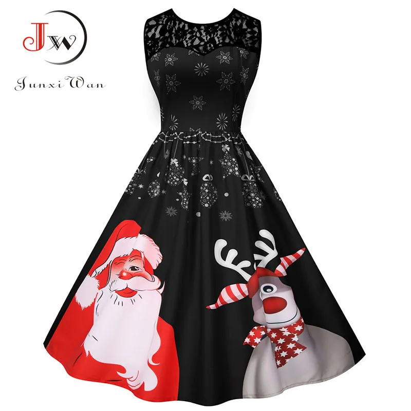 

2022 Women Christmas Party Dress Sleeveless Santa Claus Print Elegant Vintage Lace High Waist Winter Xmas Clothes Sundress