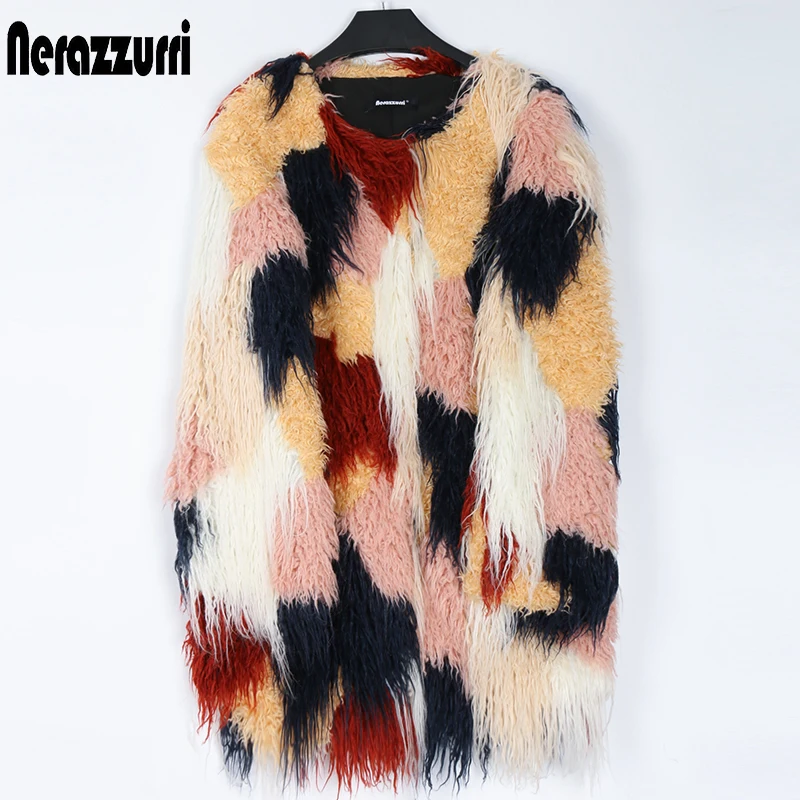 Nerazzurri Multicolored hairy faux fur coat women long sleeve Warm thick mongolian lamb fur coat streetwear women Winter fashion