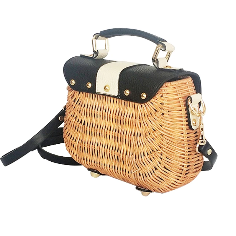 Новый стиль экокожа (полиуретан) кожа + ротанга сумки из натуральной кожи через