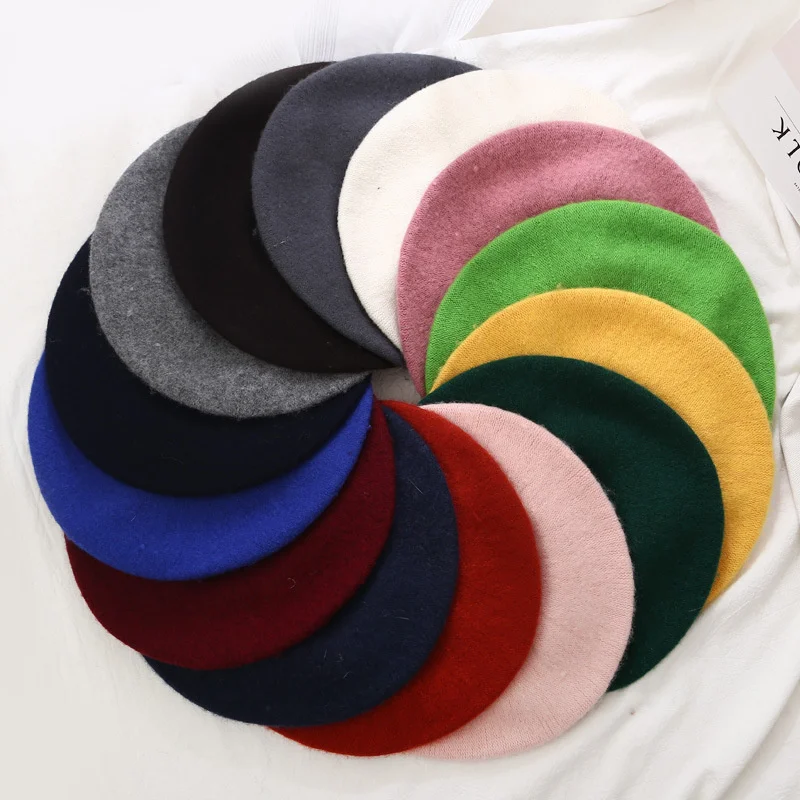 

Female Felt Girl Beret French Hot Artist Wool Winter Hats Cloth Beanies Solid Color Berets Elegant Female Mushroom Ladies Hat