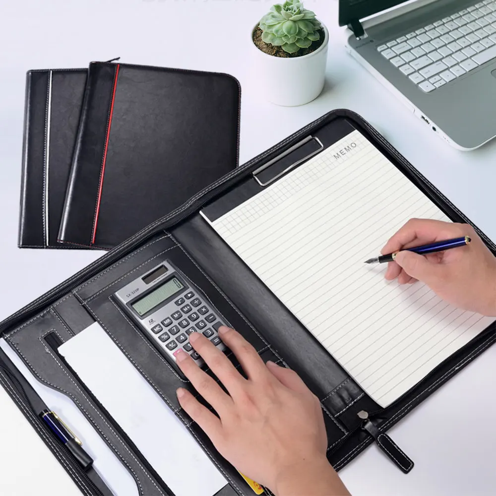 a4 padfolio com calculadora carteira de negocios couro notebook organizador portatil com ziper pasta