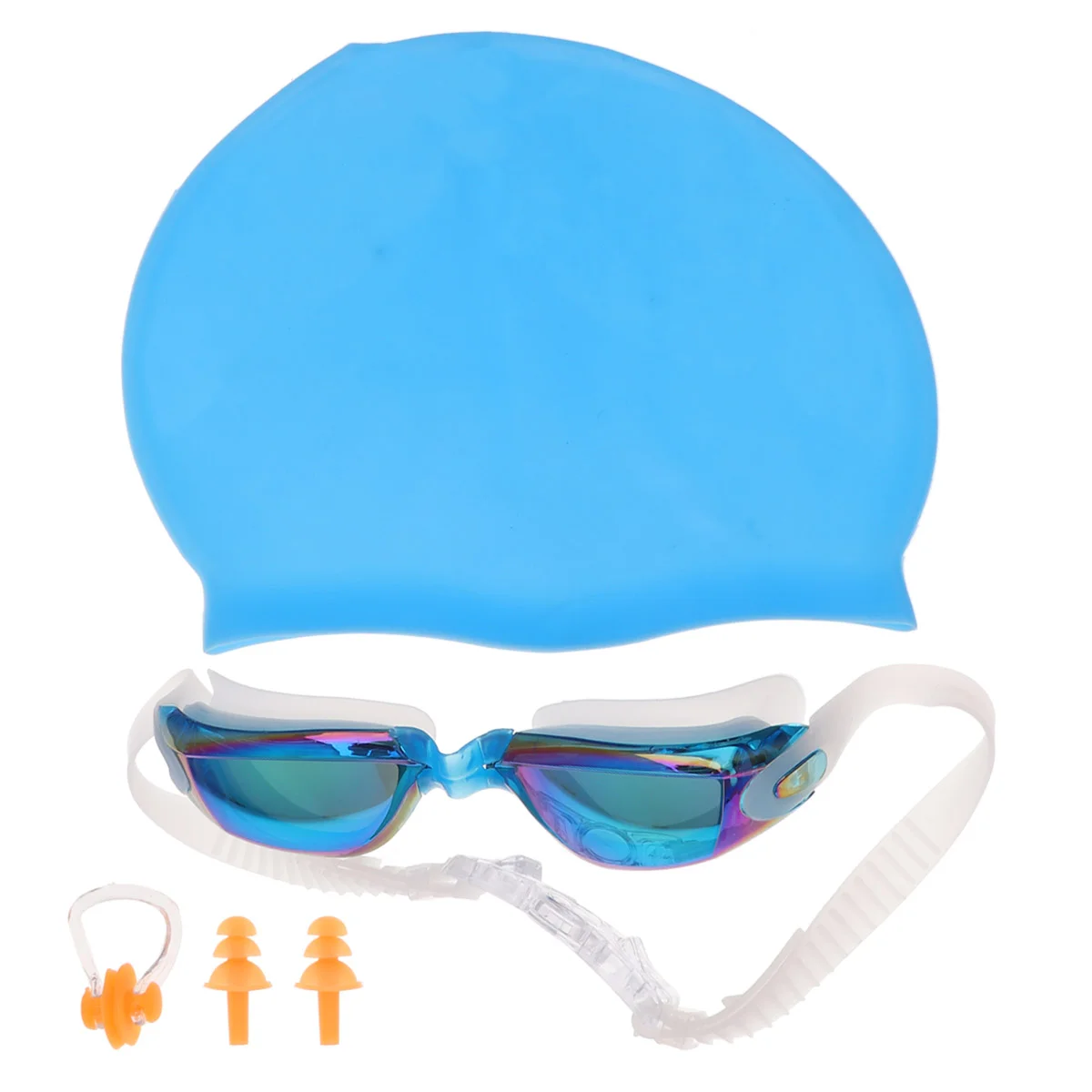 

Swimming Set Swimming Goggles Swim Cap Nose Clip Set for Men Adult (Lake Blue Glasses, Random Color of Swim Cap, with