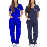 womens scrub set two pocket nurse uniforms v neck scrub top with cargo pant beauty salon overalls scrub uniform set workwear a5