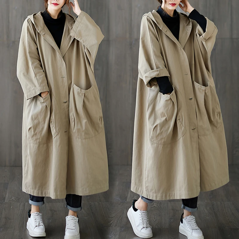 

2021 New Spring Autumn Trench Coat Women Windbreaker Femmes Big Pocket Bat Sleeve Loose Overcoat Long Hooded Outerwear Female