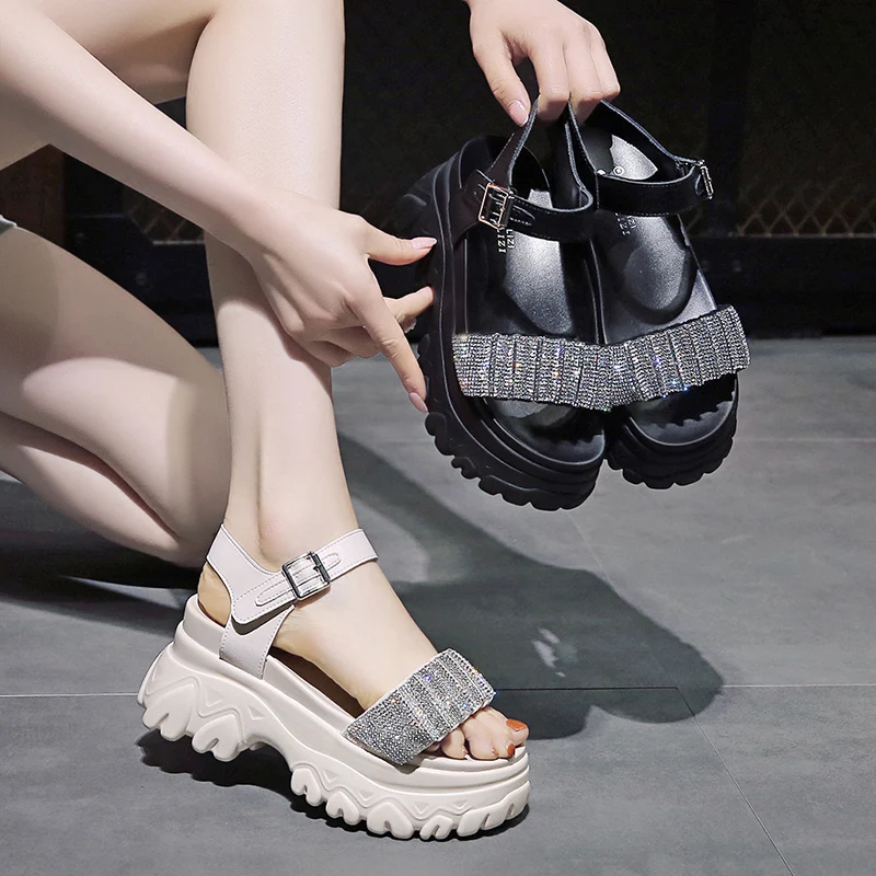 

Clogs Wedge Female Sandal 2021 Summer Beach Shoes Muffins shoe Clear Heels Med Platform Girls Rhinestone Flat New Comfort Thick
