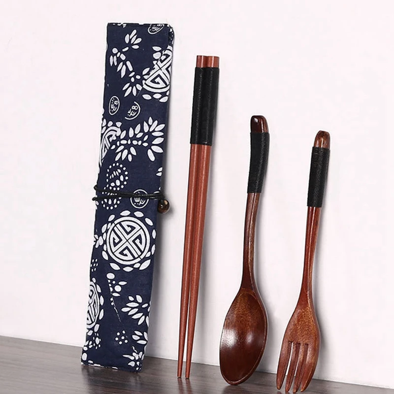 

Japanese Vintage Wooden Chopsticks Spoon Fork Tableware 3Pcs Set New Gift Western Tableware Wood Fork Spoon Dessert Fruit Servin