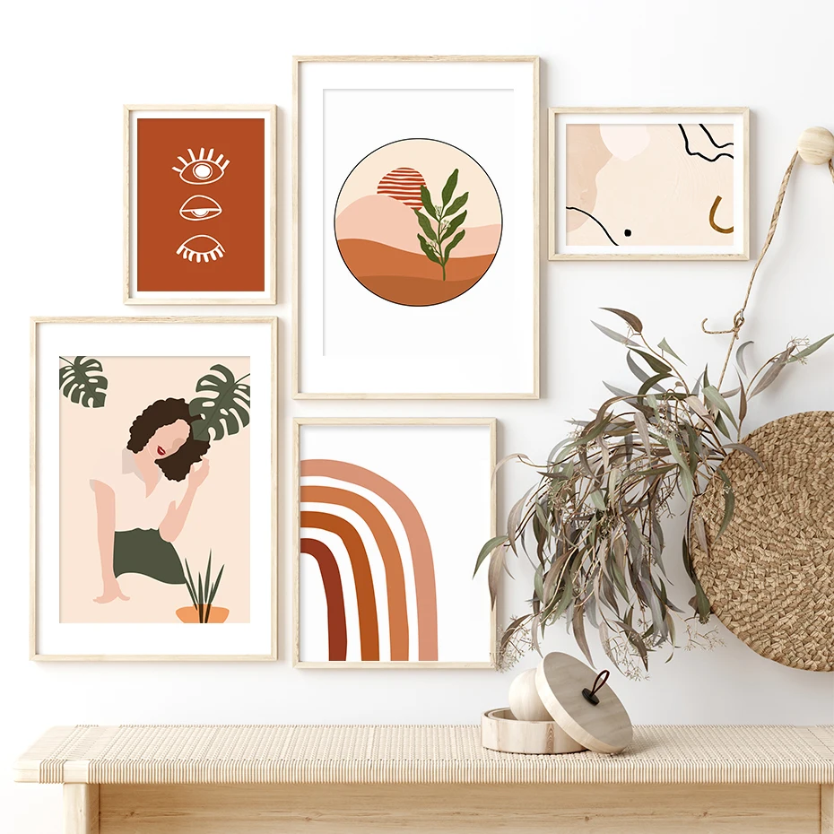 

Wall Art Poster Print Abstract Girl Burnt Orange Wink Plant Landscape Bohemia Pictures Canvas Painting Over the Bed Decoration