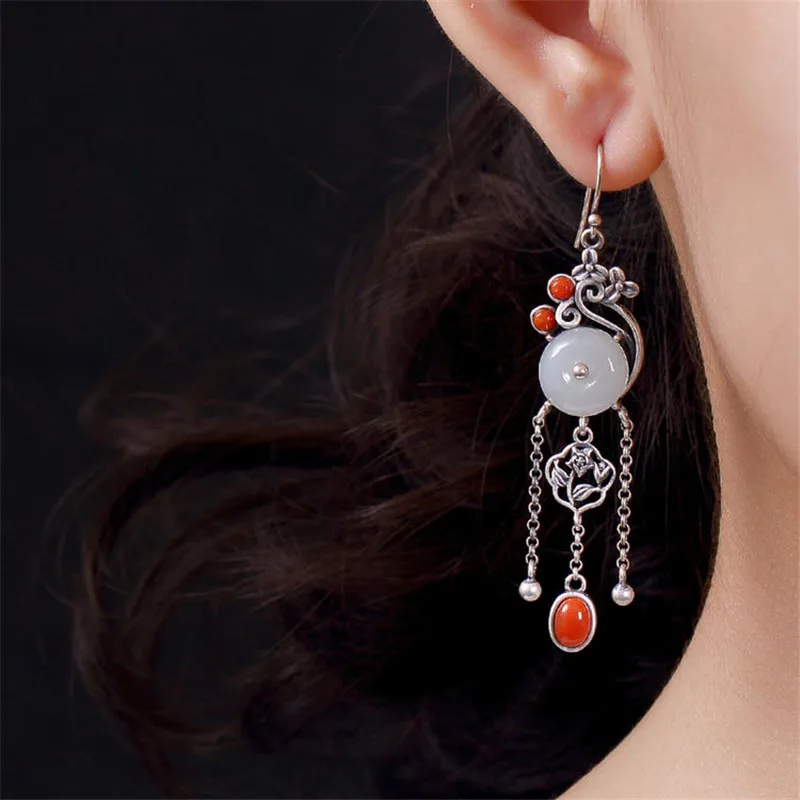 

V.YA S925 Sterling Silver Earing Natural Stone Peace Buckle Long Tassel Earrings For Women Personalized Jewelry