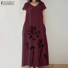 Женский винтажный сарафан ZANZEA, хлопковое свободное платье-кафтан с цветочным принтом, v-образным вырезом и коротким рукавом, мешковатые летние платья
