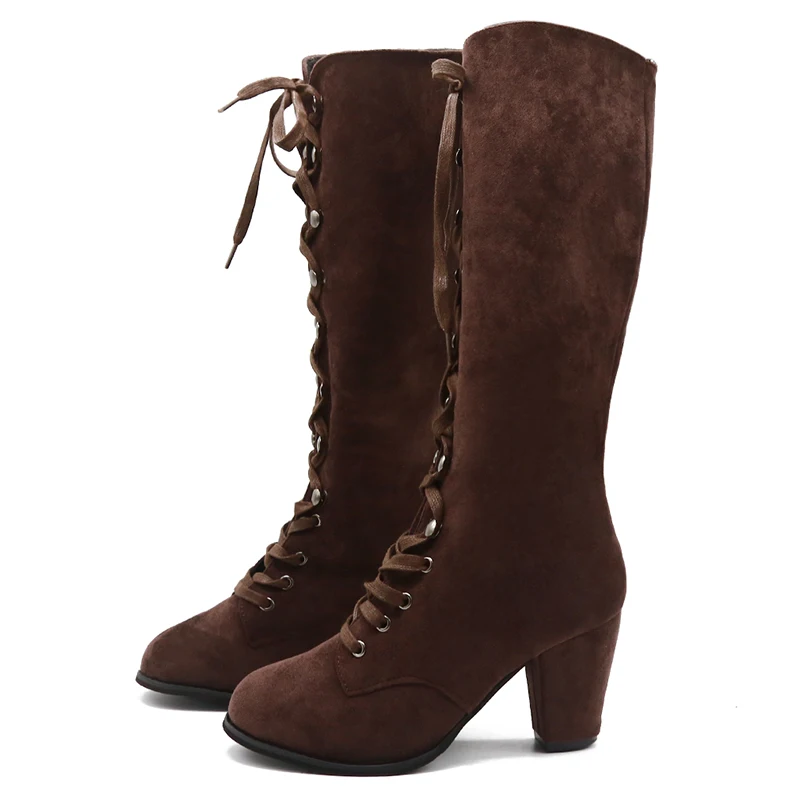 

2021 Black Boots Women Shoes Knee High Women Casual Vintage Retro Mid-Calf Boots Lace Up Thick Heels Shoes