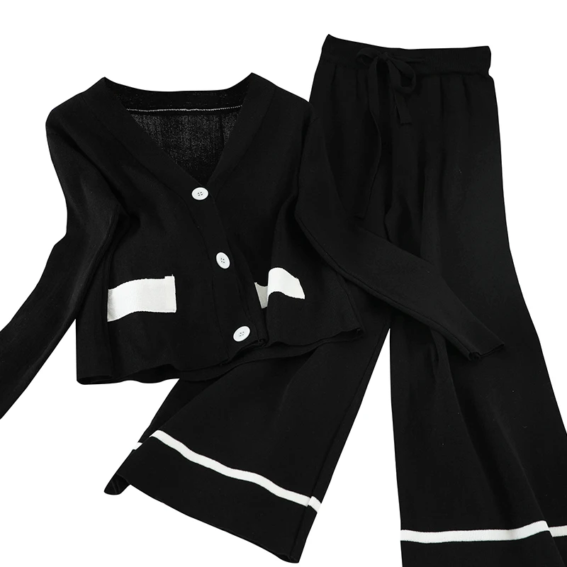 

Korean New 2020 Spring Short Knitted Sweater Tops + High-waist Wide-Leg Pants Two-Piece Set Women's Loose Trousers Set