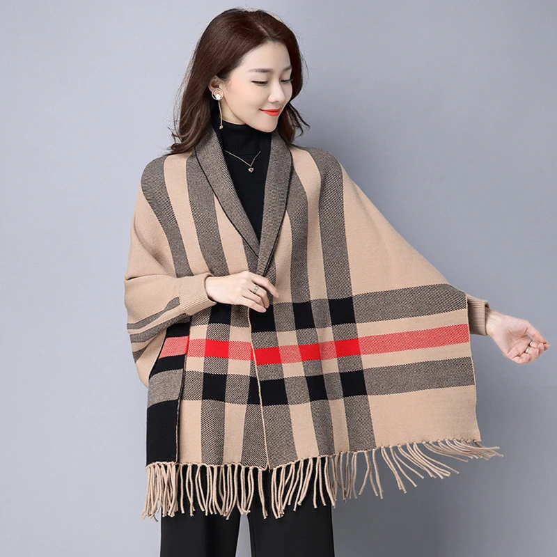 ZJZLL Fashion Long Fringed Multicolor Winter Warm Shawl And Wrap With Sleeves Plaid Knitted Pashmina Striped Cape Sweater Poncho