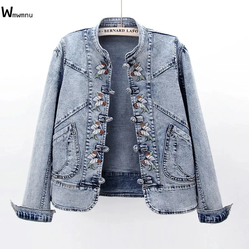 

Women Big Size Chinese Style Button Stand Collar Jean Jacket Casual Loose Spring Coat Vintage Butterfly Embroidered Denim Jacket