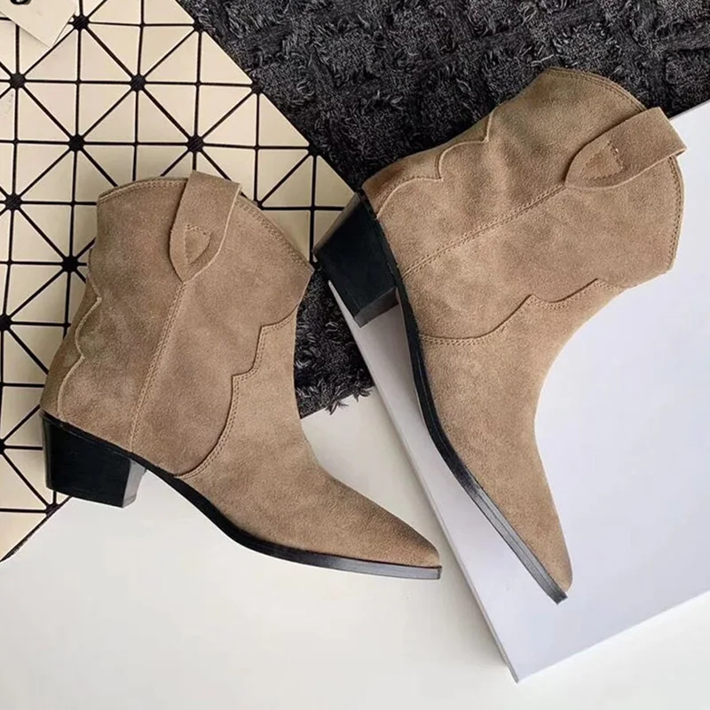 

Retro Real Leather Ankle Boots Women Pointed Toe Kid Suede Leather High Heel Boots Female Fashion Short Boots