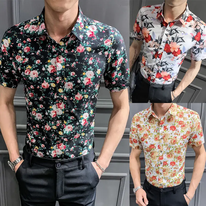 

2021 plus Size Spring New Printed Shirt Long Sleeve Korean Slim Fit Shirt Men 's Clothing Youth Fried Street Floral Shirt Men 4X