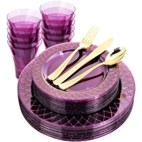 120 piece disposable tableware set purple gold rim plastic plate silverware and cups wedding birthday party supplies