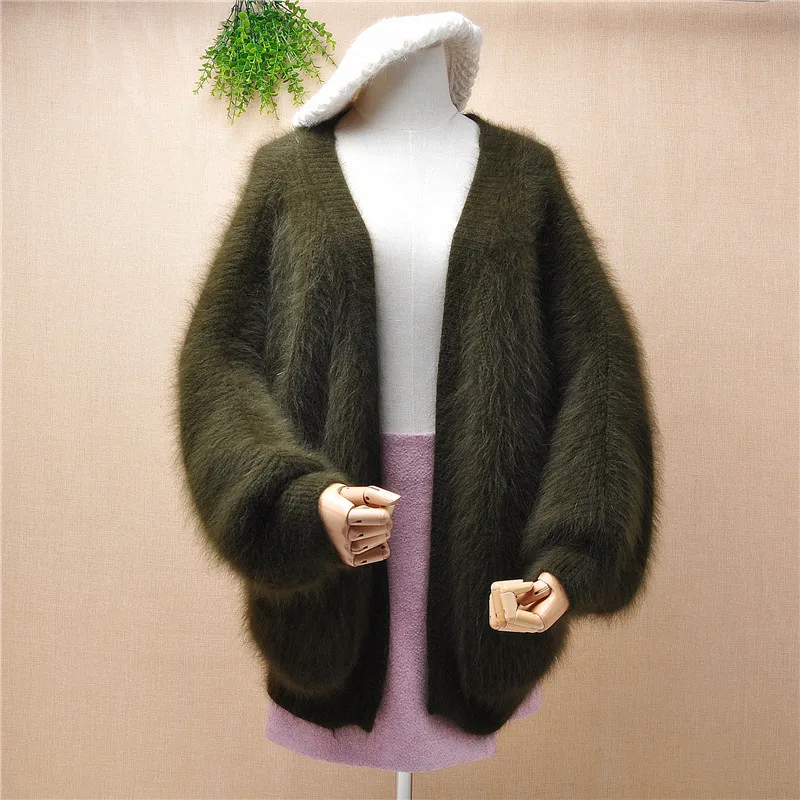 

ladies women fashion mink cashmere knitted loose lazy oaf long lantern sleeves cardigans mantle angora fur winter coat jacket