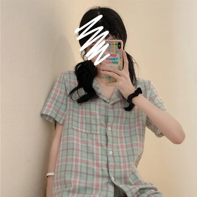 

Новинка 2021, Классический Клетчатый пижамный комплект, летняя женская одежда для сна, Корейская Минималистичная свободная Пижама с коротким...