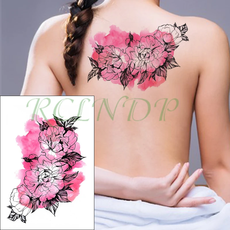 Водонепроницаемая Временная тату-наклейка с чернилами Розовый пион цветок лист