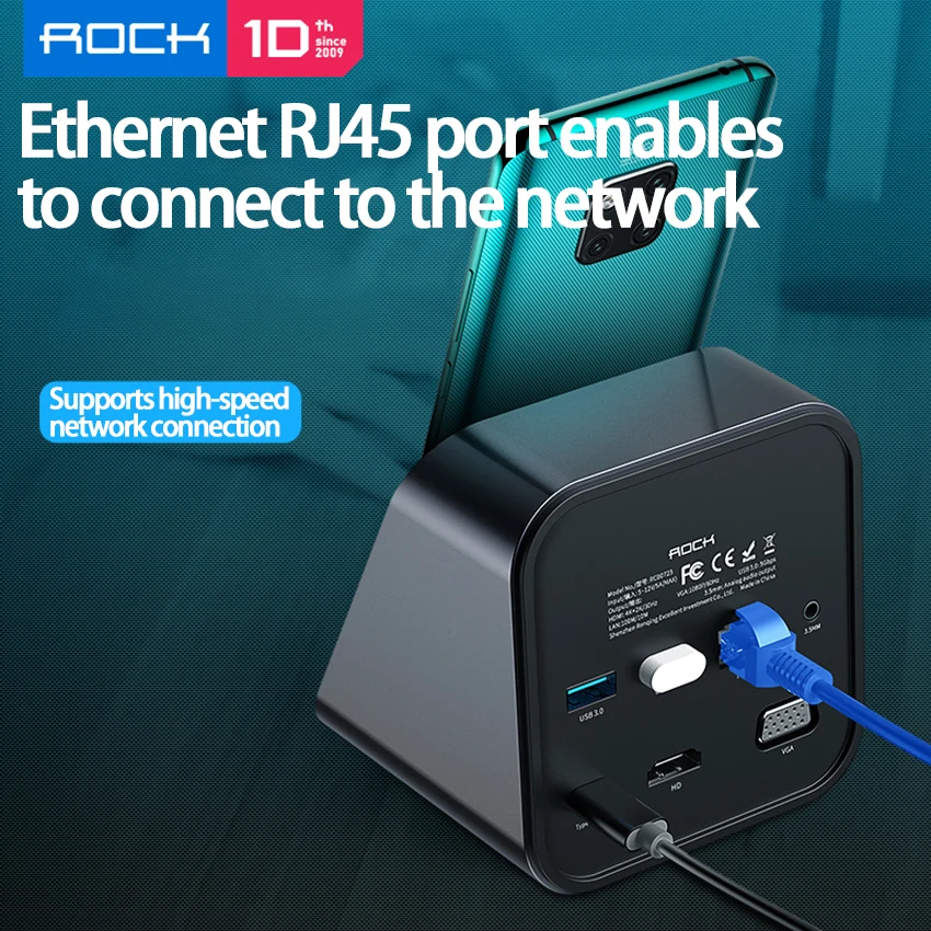

ROCK USB C Hub For Phone Type-C Docking Station Holder Mount PD Charge HDMI VGA 4K 1080P USB3.0 Ethernet RJ45 3.5mm audio jack