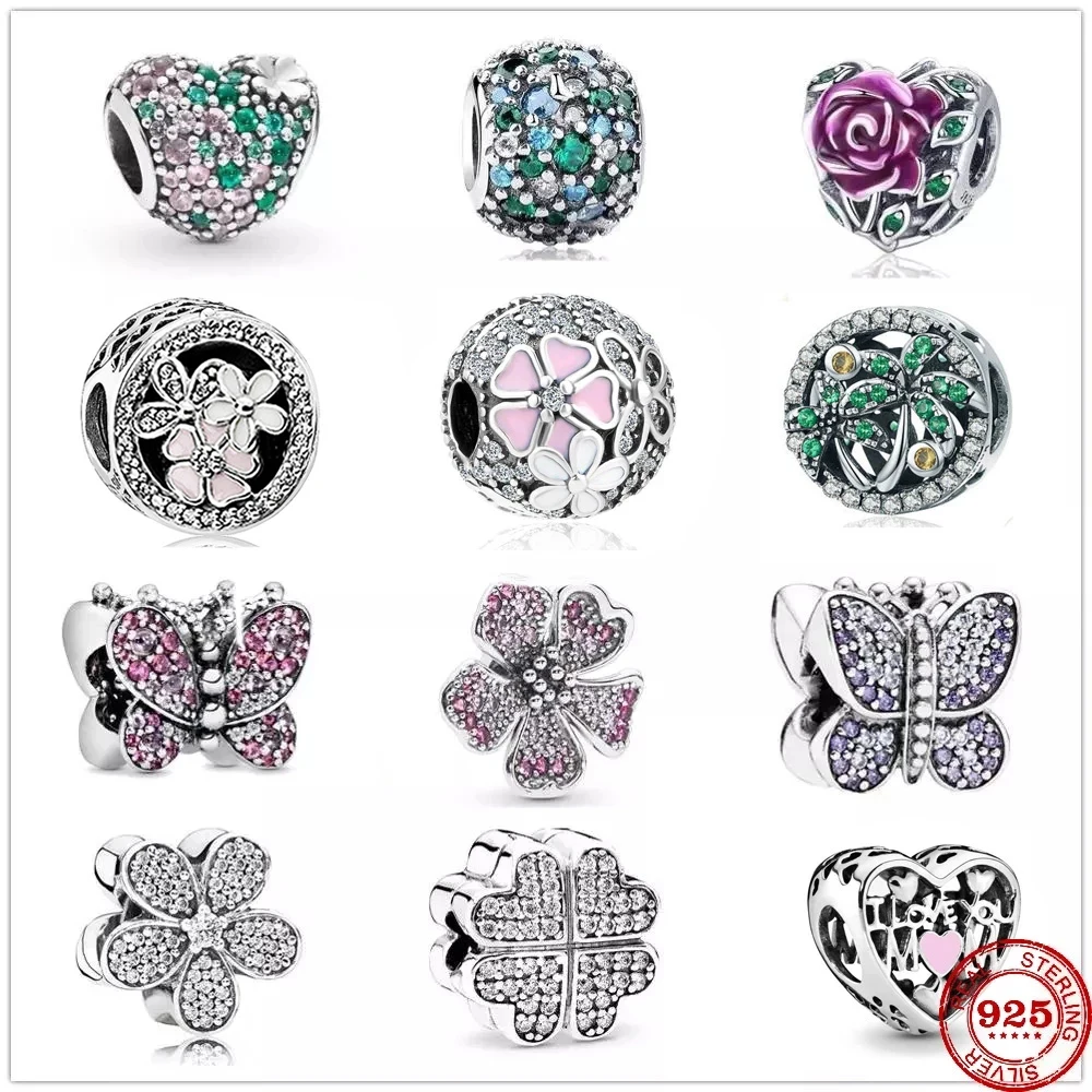 925 Sterling Silver Clover &amp Ladybird colorful heart Flower Pendant DIY fine beads Fit Original Pandora Charm Bracelet Jewelry |