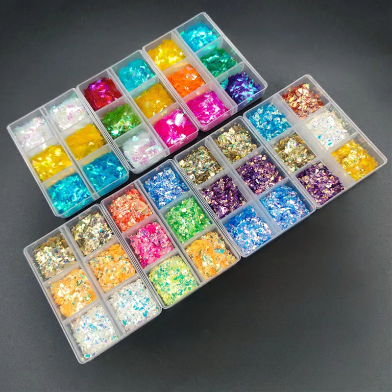 

1Box Nail Glass Paper Flakes Ultra-thin Holographic Glitters Chunky Iridescent Flakes Colorful Fluorescent Flakes Sticker